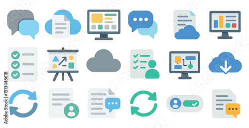 Business communication and cloud data management icons for digital design
