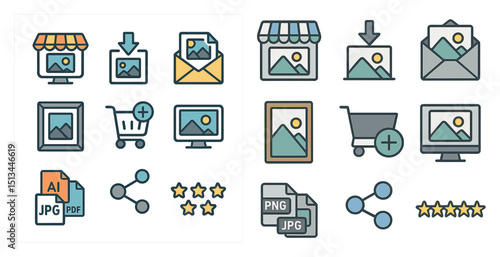 E-commerce and digital design icons for online business and marketing