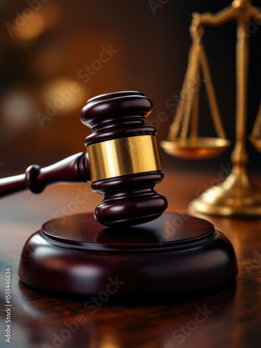 Close-up of gavel on judge desk, symbolizing court trial, justice and legal decisions in courtroom