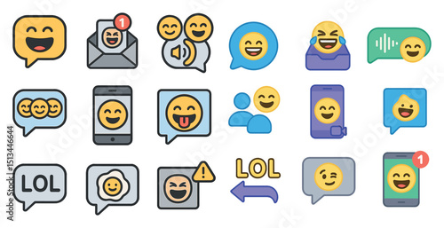 Collection of emoji icons depicting laughter and communication for messaging design