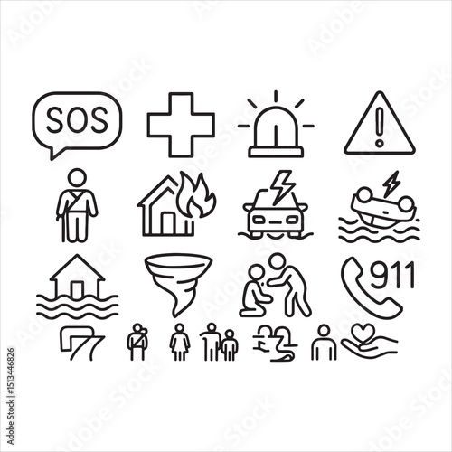 Design a collection of emergency and disaster-related black-and-white line icons. Include symbols such as an SOS speech bubble, a medical emergency cross, a flashing alarm light, a warning sign, 