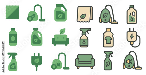 Eco-friendly cleaning and household essentials icons for sustainable living