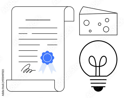 Document with signature and seal, triangle cut of cheese, and bright light bulb. Ideal for innovation, certification, creativity, concepts, education originality achievement. Flat simple metaphor