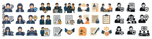 Legal and business icons for contracts and teamwork