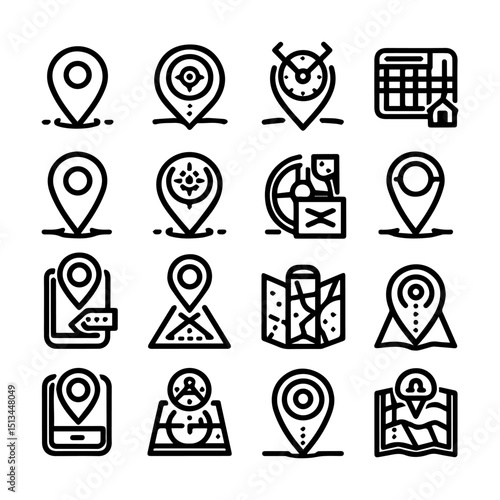 Collection of location and navigation symbols representing pinpoint accuracy and destination tracking. Technology concept
