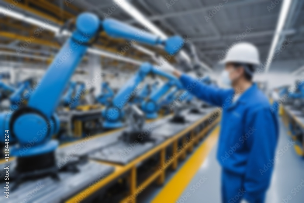 Fototapeta premium A blurry car factory, vehicle spare parts production using sophisticated tools, a worker makes spare parts assisted by a sophisticated and modern robot hand, with a blurry car factory background.