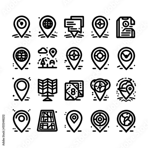 Collection of location and navigation symbols representing pinpoint accuracy and destination tracking. Technology concept