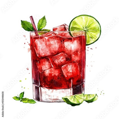Watercolor illustration of a red cocktail with lime and mint on white background