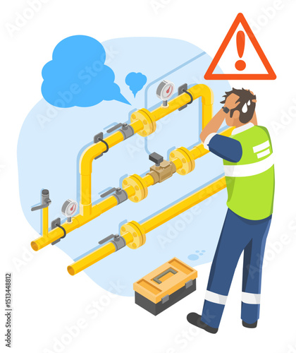 Untrained technician confused while facing gas pipeline leak with warning sign indicating risk of improper maintenance