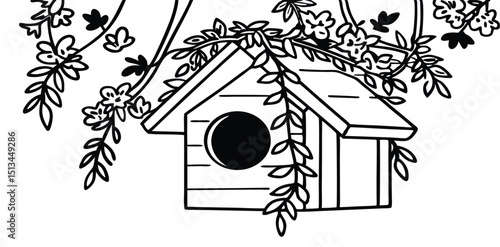 Wooden birdhouse with floral vines, earthy brown and olive.

