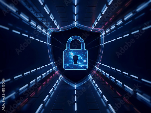 Digital security shield with padlock against a futuristic blue light tunnel backdrop