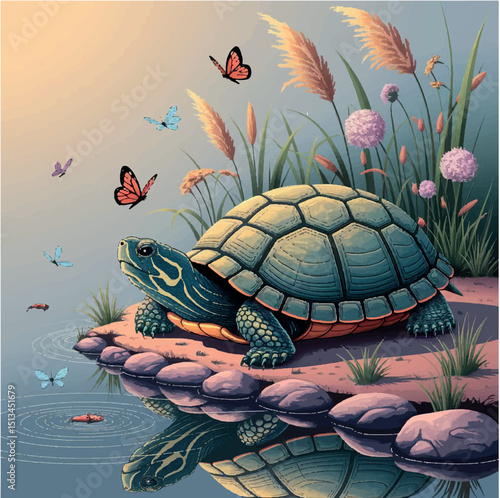 illustration, animal, turtle, vector, ocean, drawing, tortoise, sea, marine, cartoon, underwater, wild, aquatic, nature, graphic, design, wildlife, cute, art, icon, funny, green, character, swim, shel