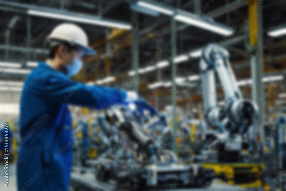 Fototapeta premium A blurry car factory, vehicle spare parts production using sophisticated tools, a worker makes spare parts assisted by a sophisticated and modern robot hand, with a blurry car factory background.