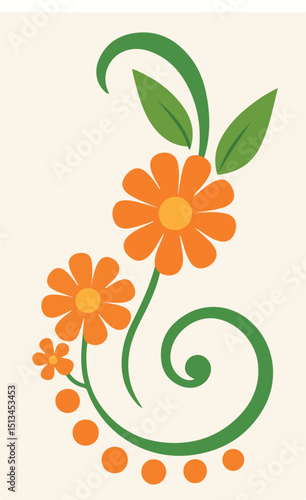 A cheerful floral swirl featuring orange blossoms, green leaves, and dotted accents, radiating playfulness and charm on a soft background.