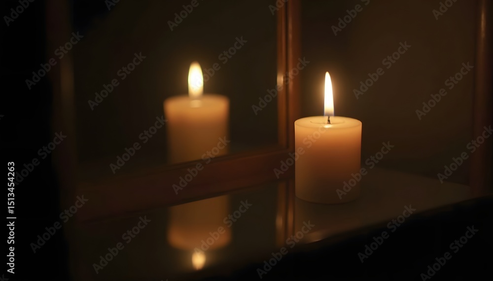 Fototapeta premium Lit candle casts a soft glow reflected in a nearby mirror creating a warm dim atmosphere
