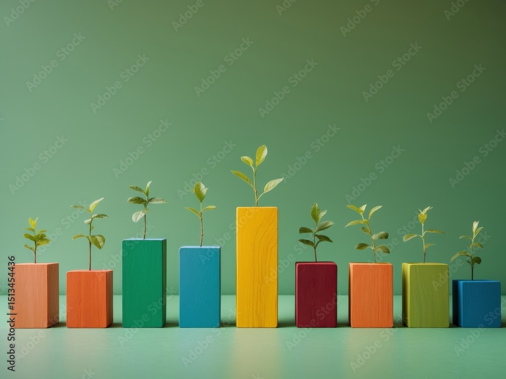 Colorful Wooden Blocks with Growing Plants Representing Growth Chart Concept. Colorful Wooden Blocks with Growing Plants Representing Growth Chart Concept.