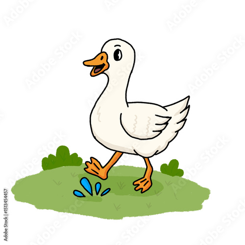Cartoon-style white duck walking on green grass with raised wings and open beak, surrounded by bushes and water droplets playful outdoor scene for kids or educational use.
