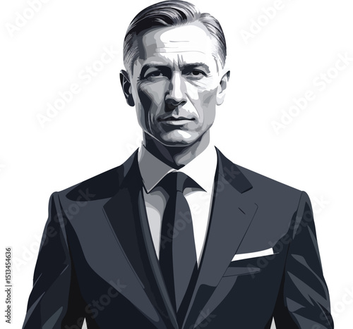 Elegant Professional Portrait: A distinguished individual exudes confidence, donning a sharp suit and tie in a monochromatic, artistic portrait.
