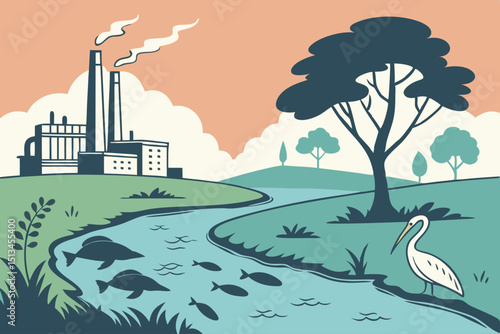 Factory near river with wildlife showing contrast between nature and industry