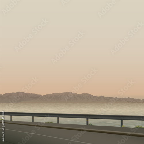 Seascape with silhouette coastal road at sunset have mountain ranges far away square background graphic illustration.