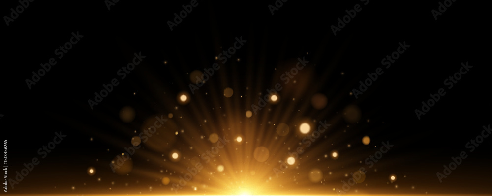 Naklejka premium Abstract light effect with radial beams and bright lights bokeh isolated on black background. Golden glittering flash with dynamic rays and sparks. Vector illustration