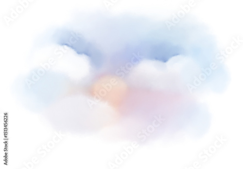 Fotografía Soft watercolor painting of pastel blue clouds and a warm sun glow blending together on a white background