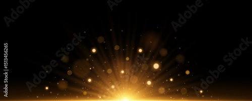 Abstract light effect with radial beams and bright lights bokeh isolated on black background. Golden glittering flash with dynamic rays and sparks. Vector illustration