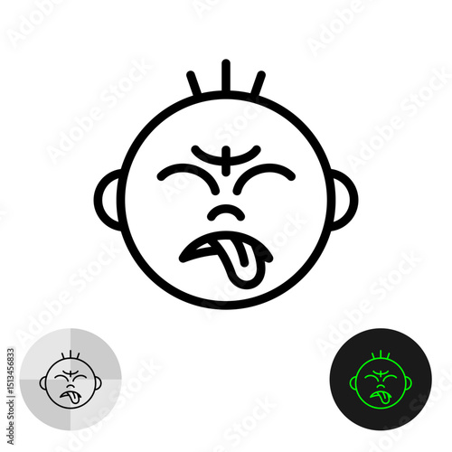 Kid face with bitter taste emotion simple black line icon. Baby reaction to a bad taste in the mouth symbol. Disgusting sense smile sign