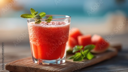 Wallpaper Mural Refreshing watermelon drink in a glass garnished with mint leaves, placed on a wooden board with watermelon slices, set against a summery, blurred background. Torontodigital.ca
