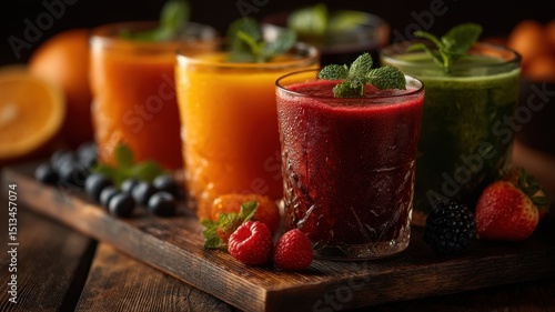 Wallpaper Mural Vibrant fruit smoothies in glass cups garnished with mint, surrounded by fresh berries and fruits on a wooden tray. Torontodigital.ca