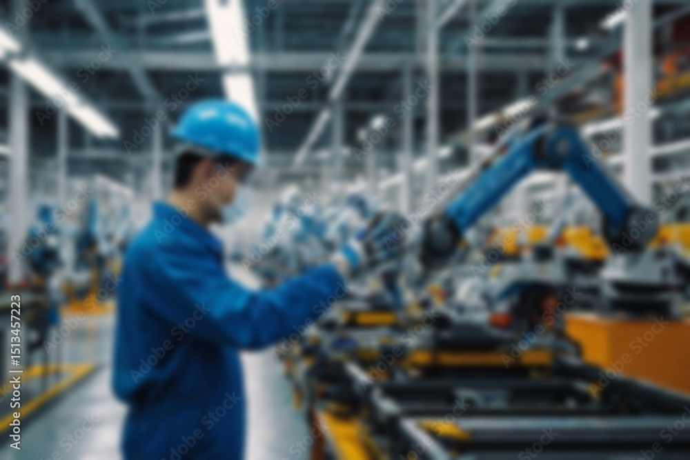 A blurry car factory, vehicle spare parts production using sophisticated tools, a worker makes spare parts assisted by a sophisticated and modern robot hand, with a blurry car factory background.