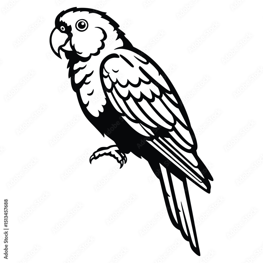 Fototapeta premium Parrot Bird Black and White Line Art Illustration – Exotic Tropical Animal, Vector Drawing, Coloring Page, Wildlife Design, Isolated Clipart