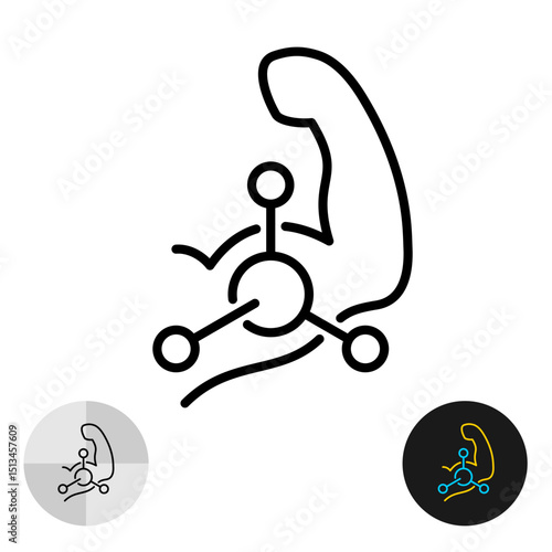 Sport supplement icon with strong muscle arm. Molecular structure like BCAA or other with biceps symbol. Formula for power gain.