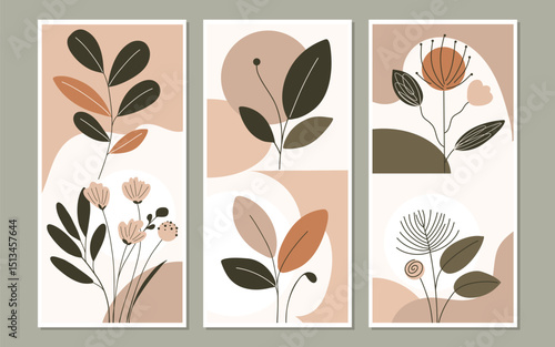 Set of 3 Minimal Posters with Botanical Line Art and Retro Shapes – Flowers, Leaves and Abstract Design

