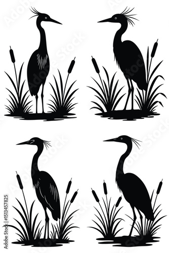 Heron and Cattail Wetland Silhouette Set – Water Bird Vector Illustrations, Marsh Grass Scene, Wildlife Nature Clipart, Lake Habitat Design
