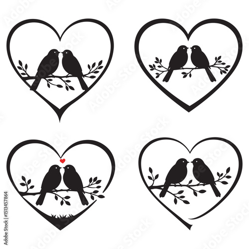 Love Birds in Heart Silhouette Set – Romantic Couple Animal Clipart, Valentine’s Day Art, Wedding Design, Black and White Love Symbol Illustration
