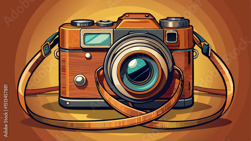 A vintage camera rests on a leather strap, lens gleaming, ready to capture fleeting moments, symbolizing creativity, timeless memories, and the art of storytelling through images.