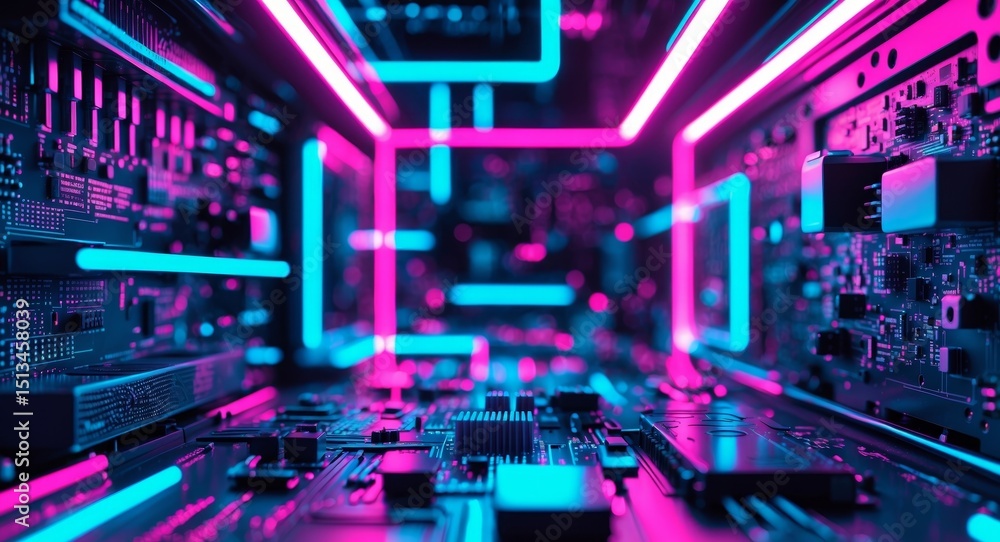 Fototapeta premium Neonlit Circuit Board. Futuristic Tech Landscape with Cyberpunk Aesthetics.