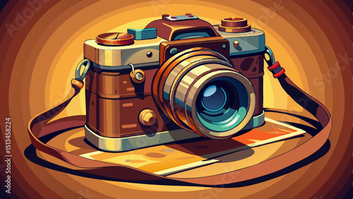 A vintage camera rests on a leather strap, lens gleaming, ready to capture fleeting moments, symbolizing creativity, timeless memories, and the art of storytelling through images.