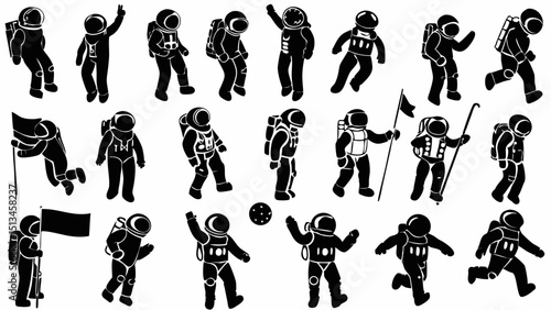 Collection of black and white astronaut illustrations in various poses and with different accessories shown |eps vectors silhouette