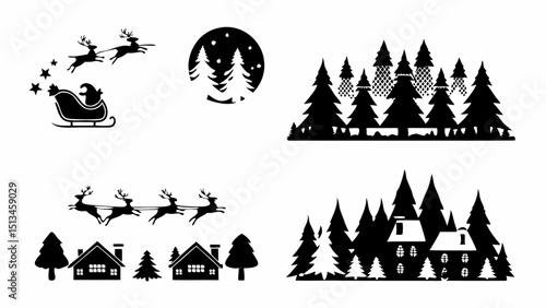 Silhouette christmas scene with santa in sleigh reindeer moon trees and houses in a winter landscape design |eps vectors