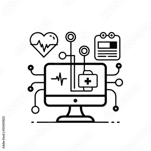 Digital Health Technology and Medical Data Analysis on Computer Screen in Line Art