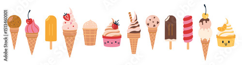 Set of Cute popsicles and ice creams cones with various toppings. Summer desserts with fruity, chocolate and vanilla flavours. Trendy modern vector illustration isolated on white, hand drawn, flat