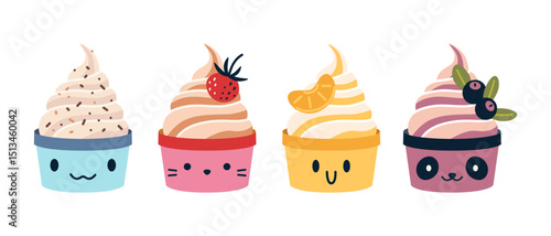 Frozen yogurt or ice cream in kawaii cups with fruit toppings and happy faces. Trendy modern vector illustration isolated on white, hand drawn, flat design