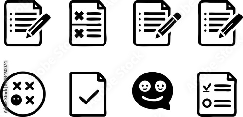Collection of document icons with writing and check marks representing tasks and feedback symbols icons set |eps vectors silhouette