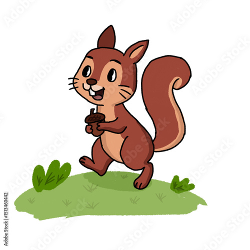 Cartoon squirrel holding an acorn on green grass with a bushy tail and cheerful smile. Playful woodland design perfect for kids’ content or nature-themed visuals.