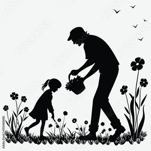 Father and daughter picking flowers in a meadow silhouette  image vector art and illustration