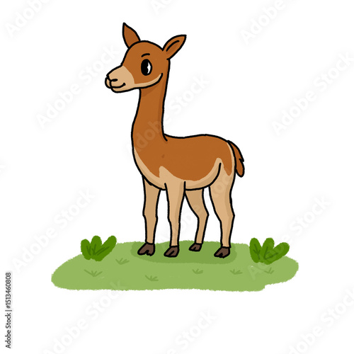 Cartoon llama with light and dark brown fur standing on green grass. Smiling and friendly design perfect for kids’ content, nature themes, or educational visuals.