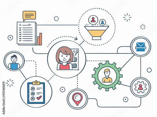 Design a bold, vector illustration of a CRM system managing customer data, emphasizing strong lines and vibrant colors.
