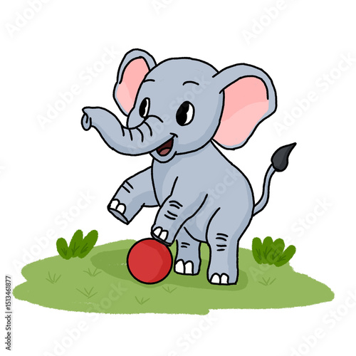 Cartoon baby elephant playing with a red ball on green grass. Cheerful and playful design with large ears, ideal for kids’ content or nature-themed visuals.
